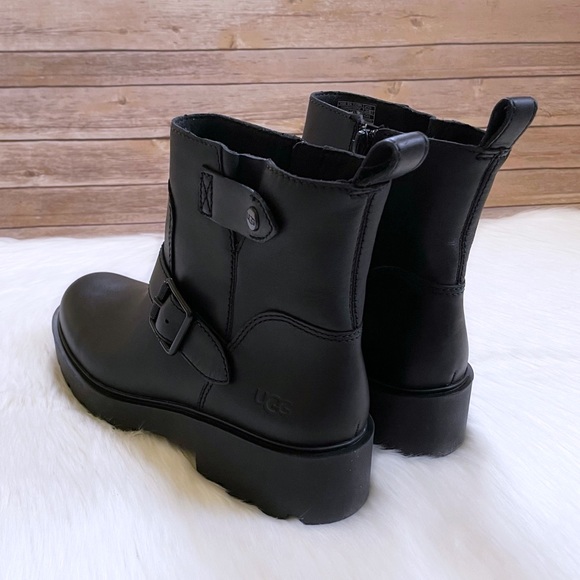 UGG Saoirse Black Leather Waterproof Moto Boots - Picture 2 of 8